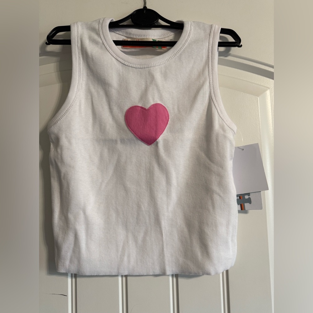 Vintage Havana White Crop Tank Top with Pink Heart Patch
